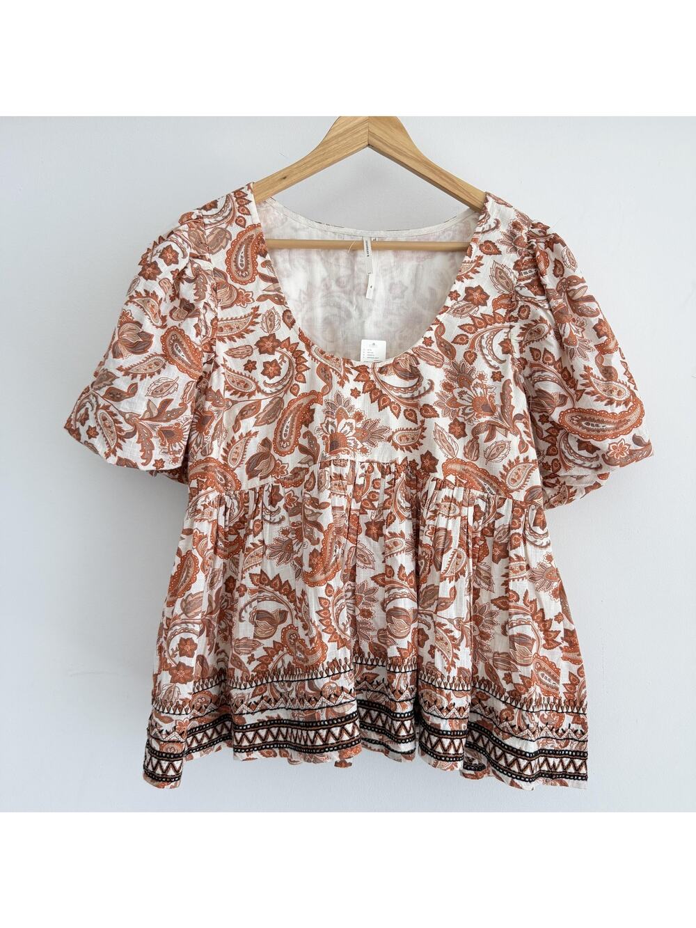 Anthropologie Blouse Womens XL Orange Paisley Puff Sleeve Peplum Boho Tunic Top